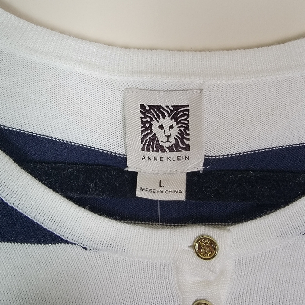 Anne Klein White Navy Striped 3/4 sleeve Top Sz Large - Picture 4 of 10